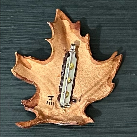 Hand Tooled Leather Maple Leaf Brooch, Signed, 2.25x2.75 Inches - Picture 2 of 4